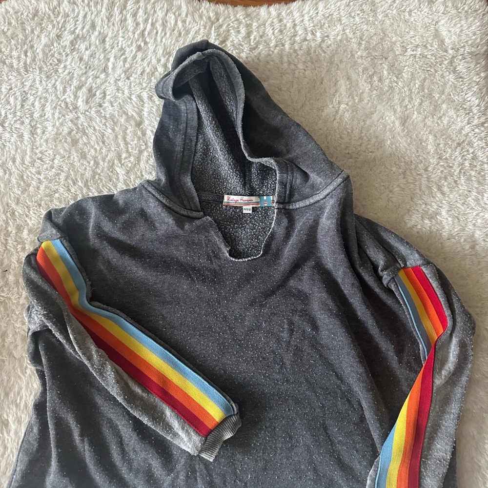 Vintage Havana Gray Hoodie with Rainbow Stripes
